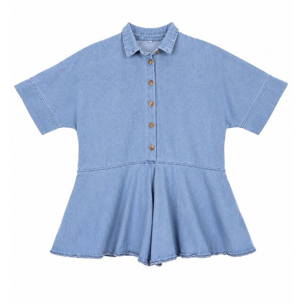 Womens Light Blue Denim Peplum Romper Dress Button Front Short Sleeve Size M